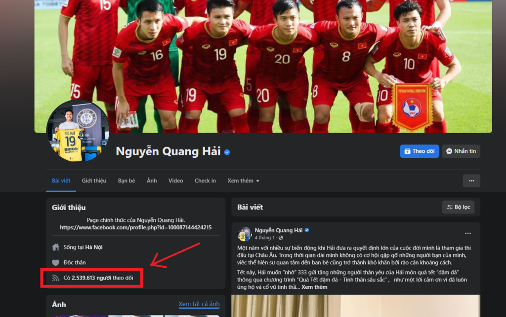 Facebook cầu thủ bóng đá Quang Hải có hơn 2,5 triệu người theo dõi 