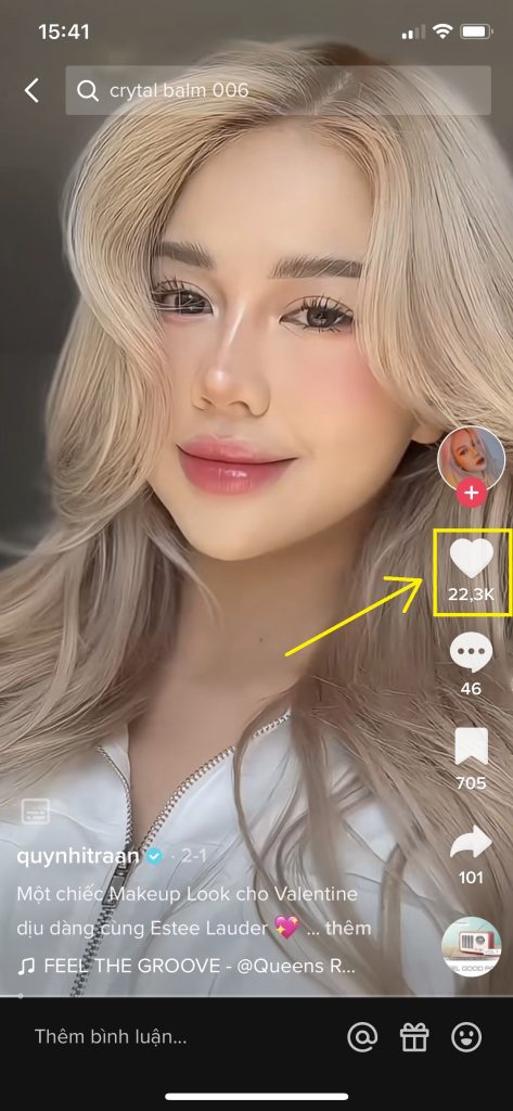 Tiktoker quynhnhitran có rất nhiều tim mỗi khi đăng video